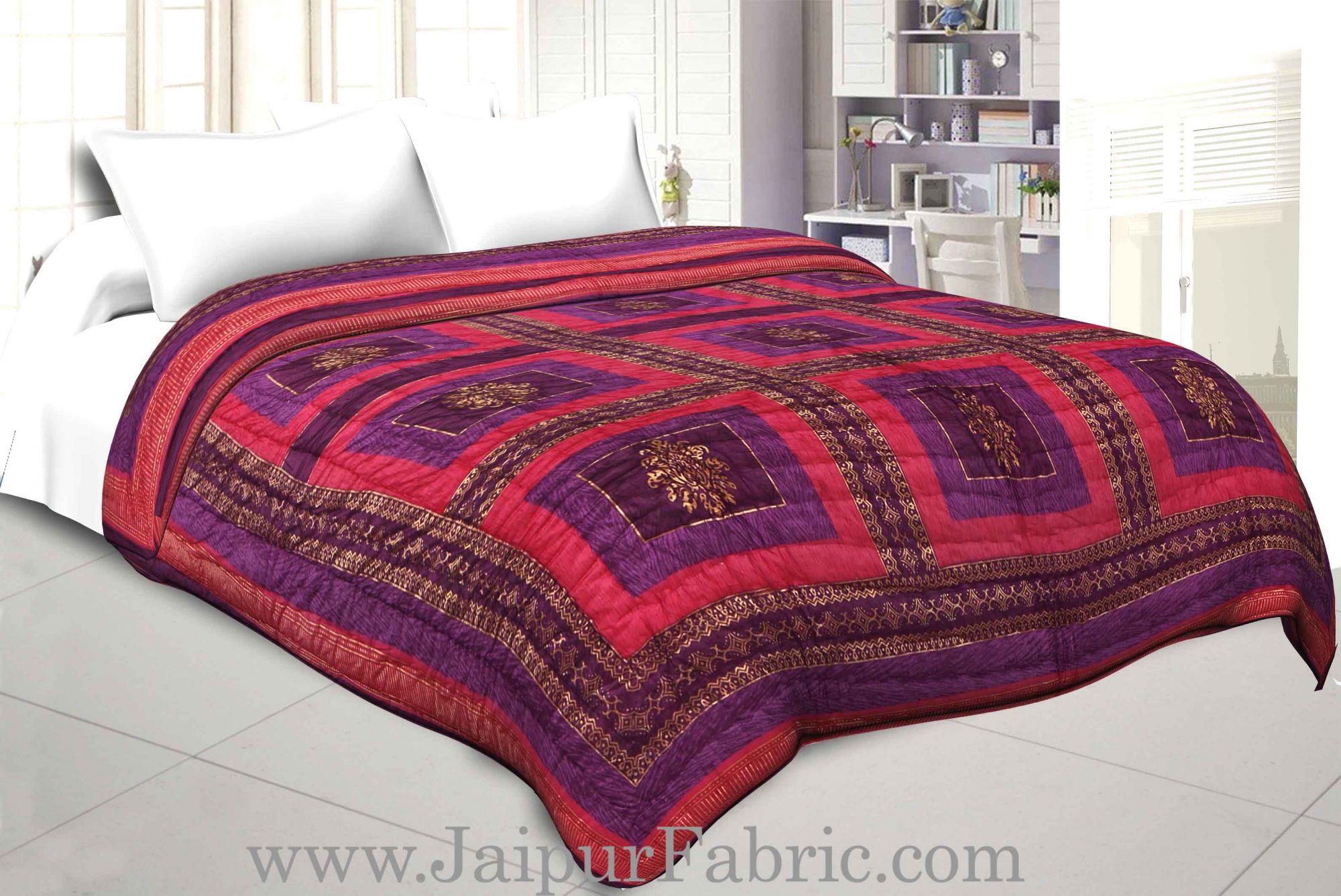 Purple And Rani Golden Jaipuri  Tree  print Double Bed Quilt