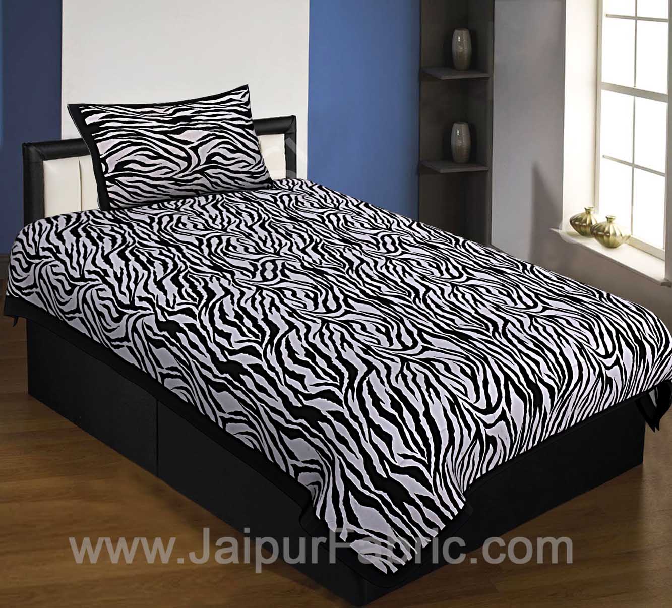 Black Border White Base Zebra Print Fine Cotton Single Bedsheet With One Pillow Cover