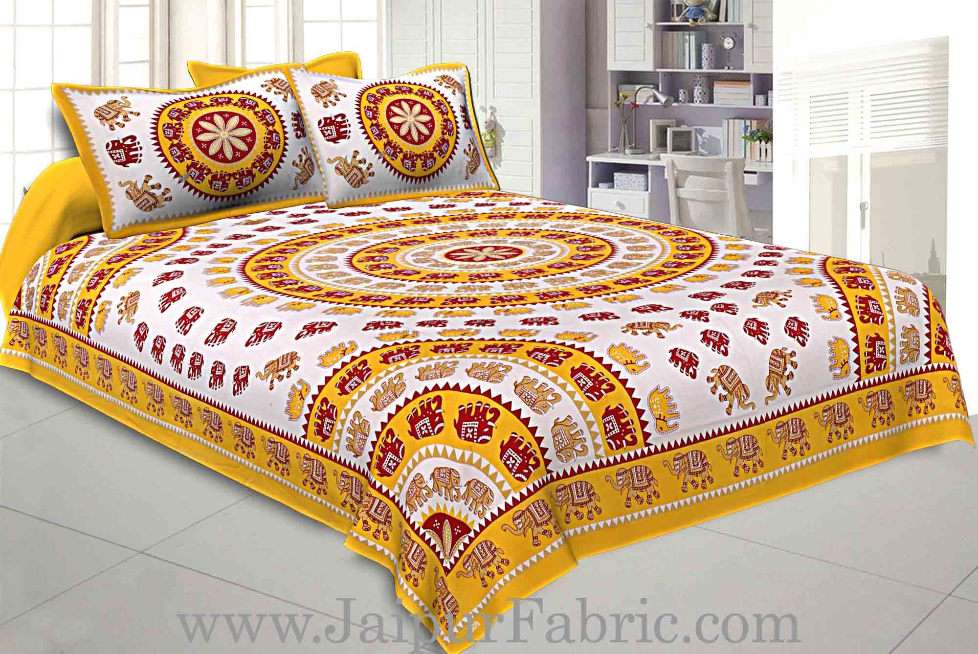 Double bedsheet Yellow Border With Elephant Print Fine Cotton With Two Pillow Cover