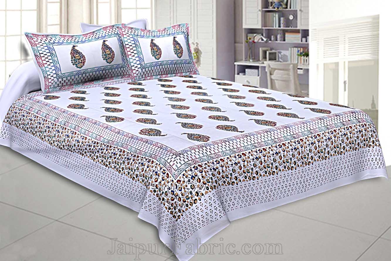 King Size Double Bedsheet White Colorful Paisley Satrangi