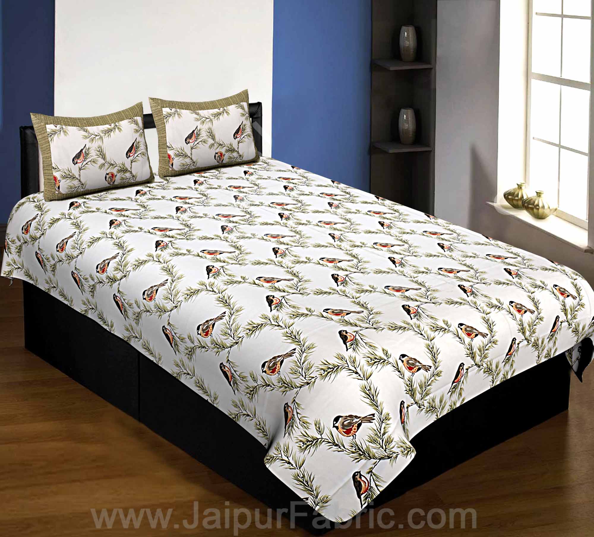 Pure Cotton 240 TC Single Bedsheet indian bird print green taxable