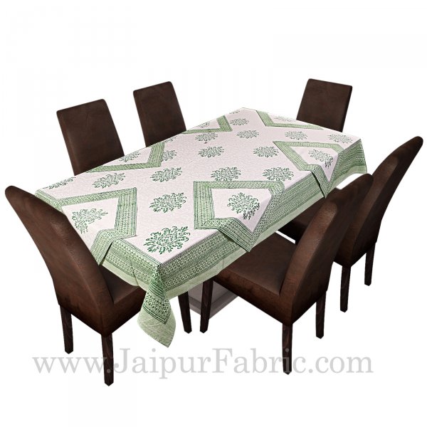 Greenish Border White Base With Hand  Block Print Super Fine Cotton Table Cover