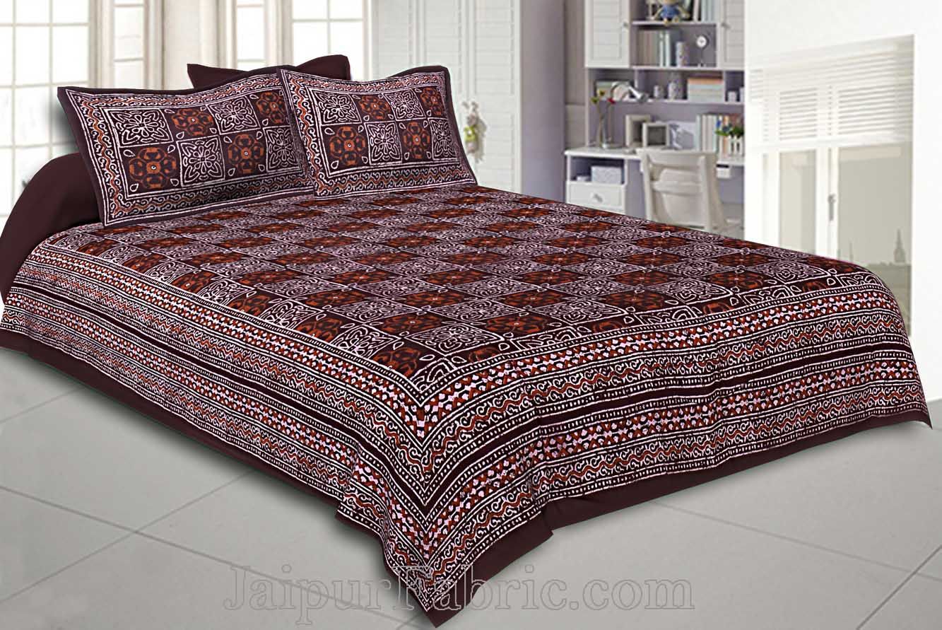 Double Bedsheet Dabu Indigo Dye Choclate Brown Geometric Patteren