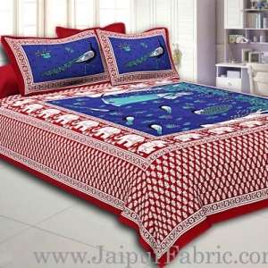 Maroon Border Blue Base Meera With Peacocks Cotton Double Bedsheet
