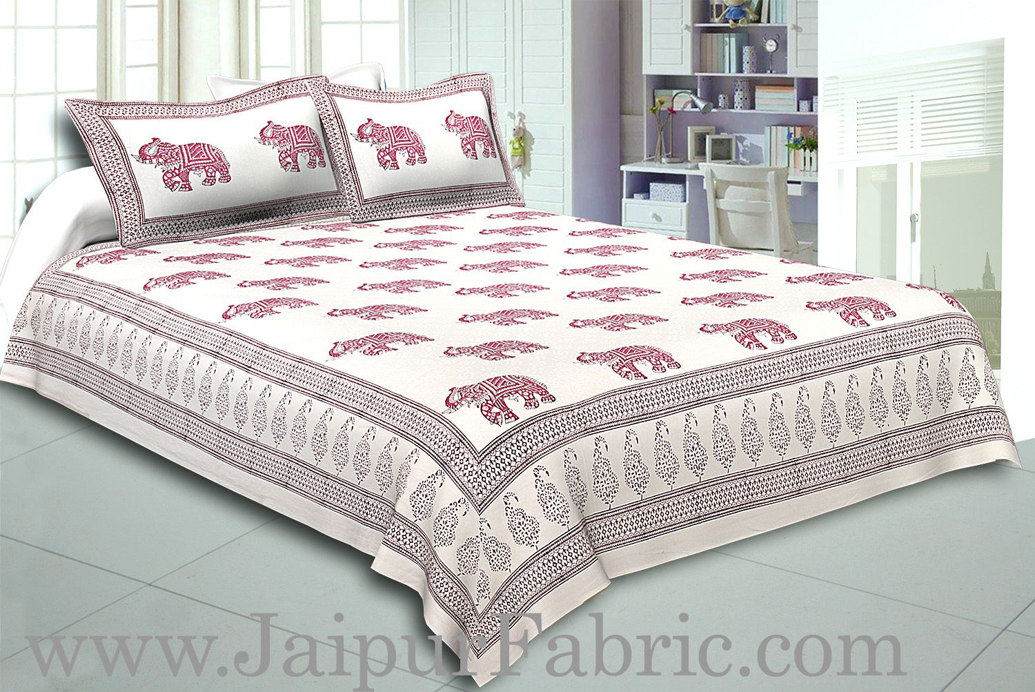 Cream Border In  Cream Base Maroon And Gajri Elephant Hand Block Print Super Fine Cotton Double Bed Sheet