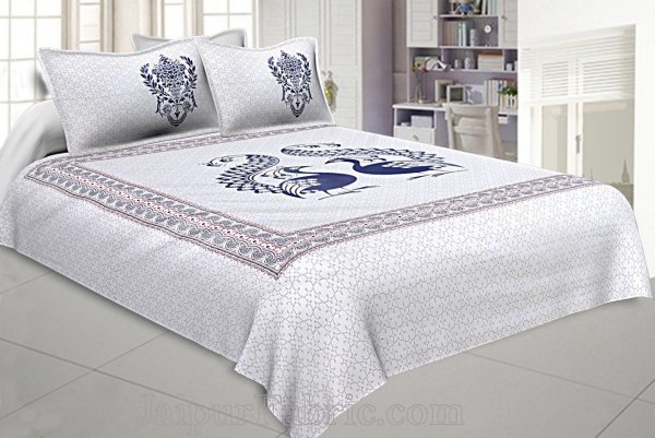 Twill Cotton Double Bedsheet Navy Blue Peacock Pair