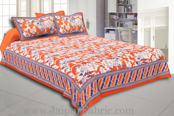 Orange Border Good Looking Heritage Design Pure Cotton Double Bedsheet With Pillow Cover