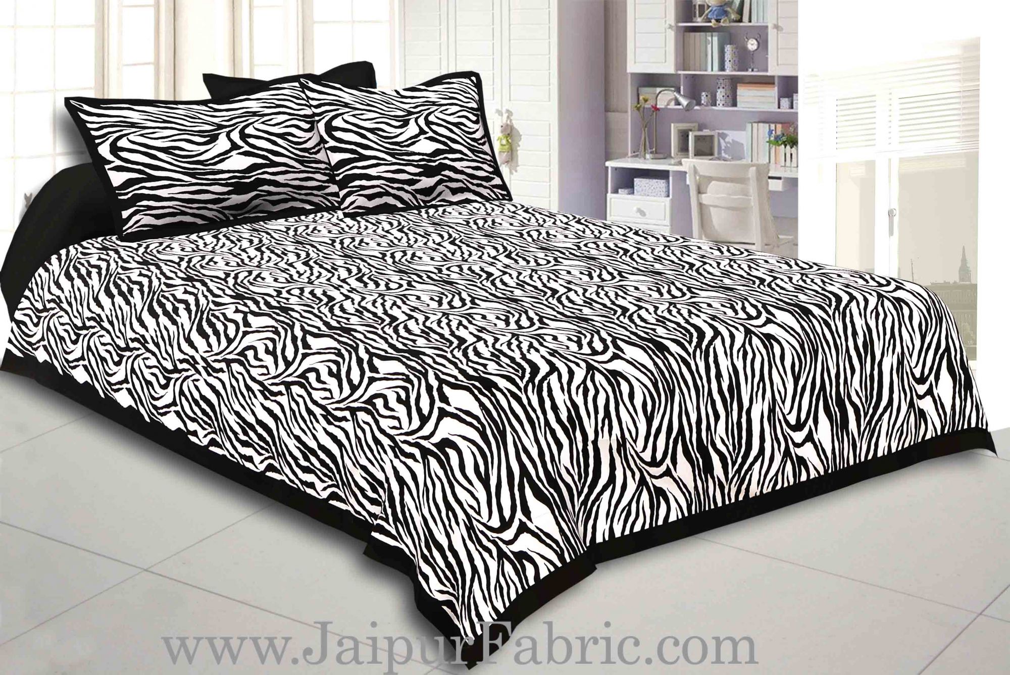 Black Border White Base Zebra Print Fine Cotton Double Bed Sheet