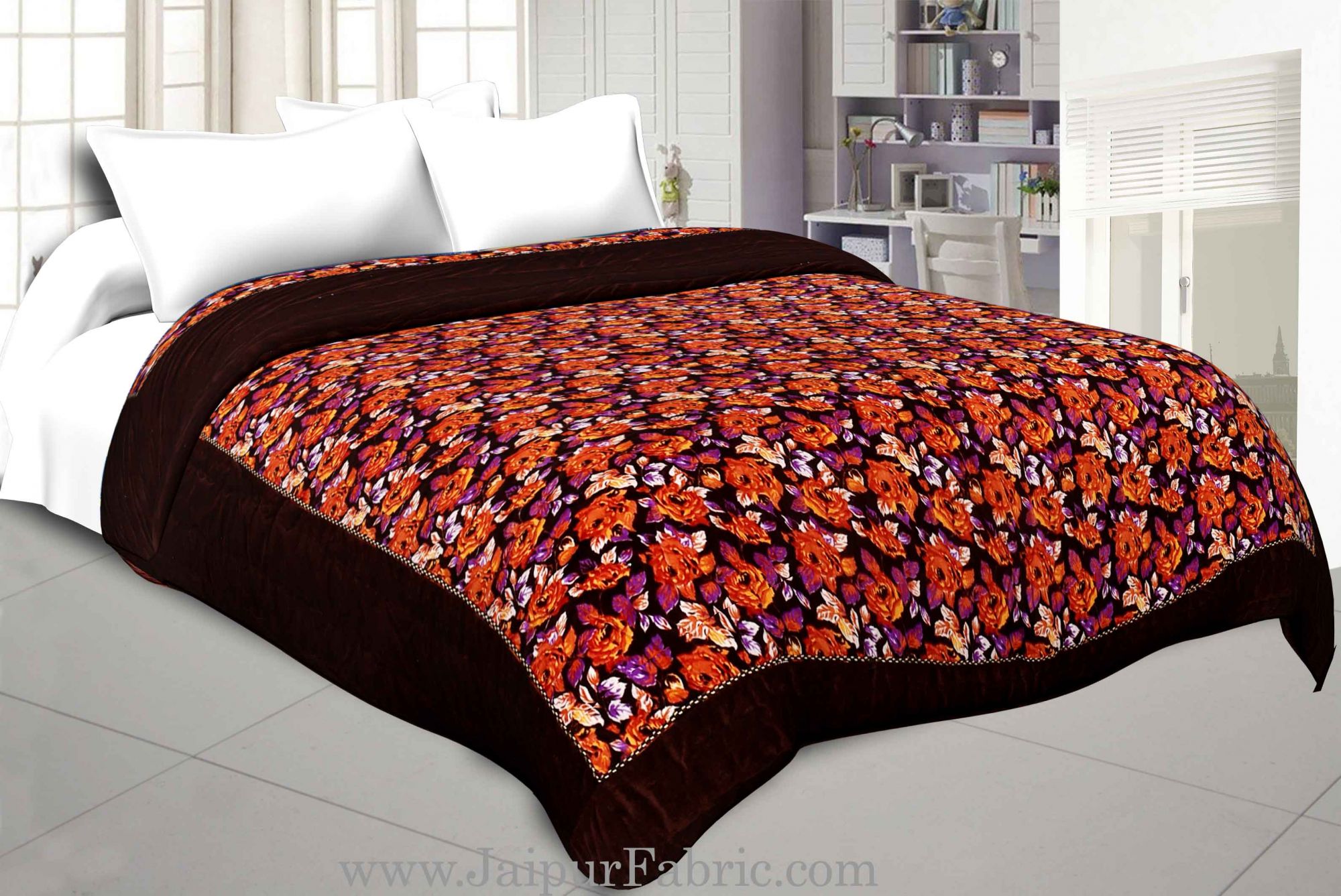 Dark Brown With Dori Floral Print Double Bed Quilt