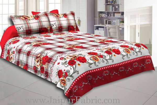 Checkered Base Floral Print Cotton Double Bed Sheet