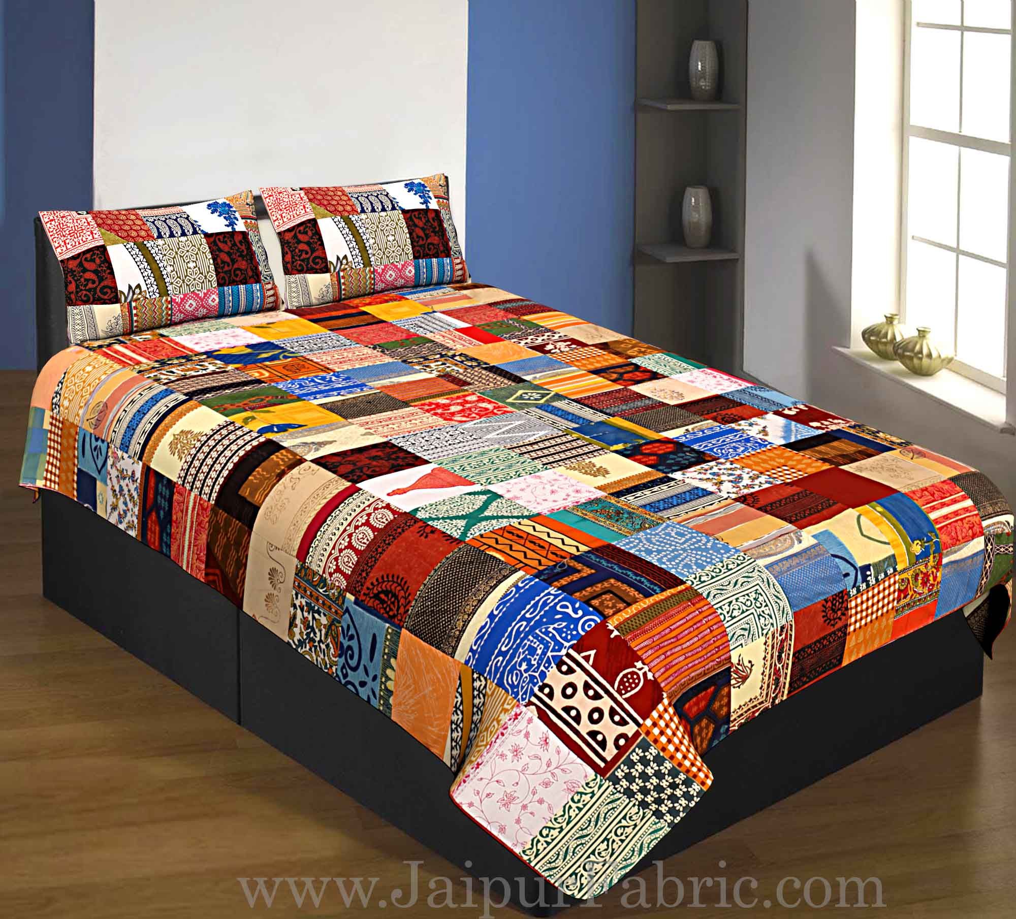 Colorful Multi Patchwork  Matching Combo Set of 1 Single Bedsheet with 2 Pillow  1 Single Comforter