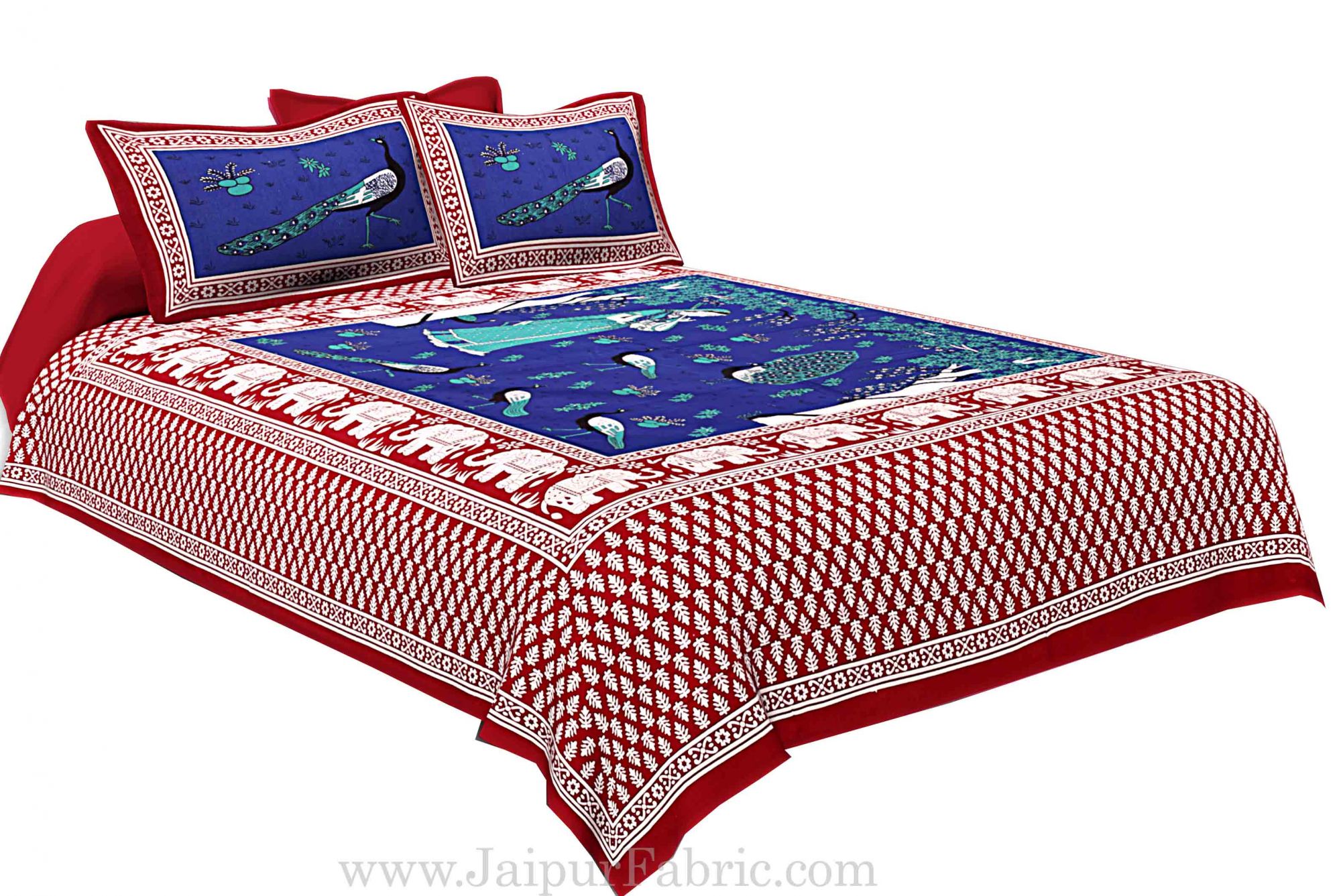 Maroon Border Blue Base Meera With Peacocks Cotton Double Bedsheet