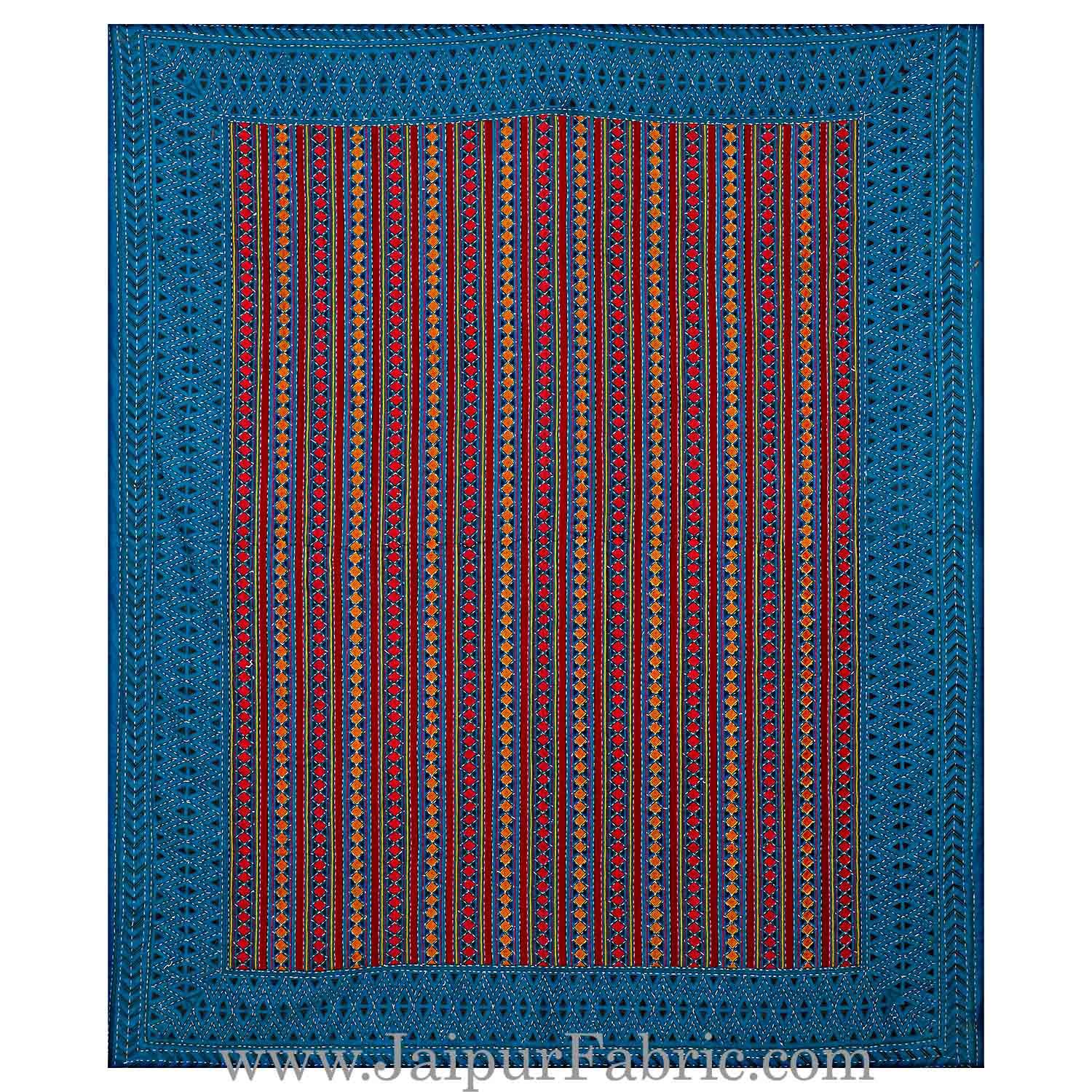 Blue  Border Maroon And blue Zig Zag Pattern With Thread Handwork(Kantha) Gudri ( Bed Cover)