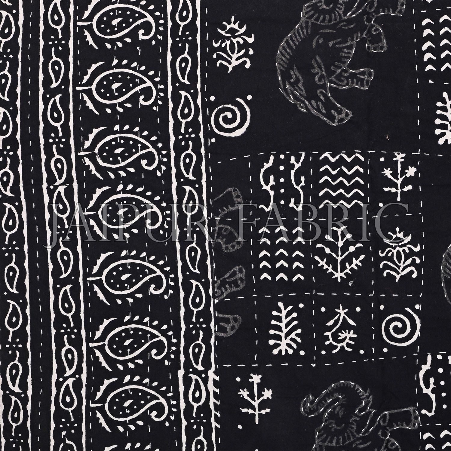 Black And White Hand Block Dabu Print With Thread Hand Work(Kantha) With Lining Cotton Gudri (Bed Cover)