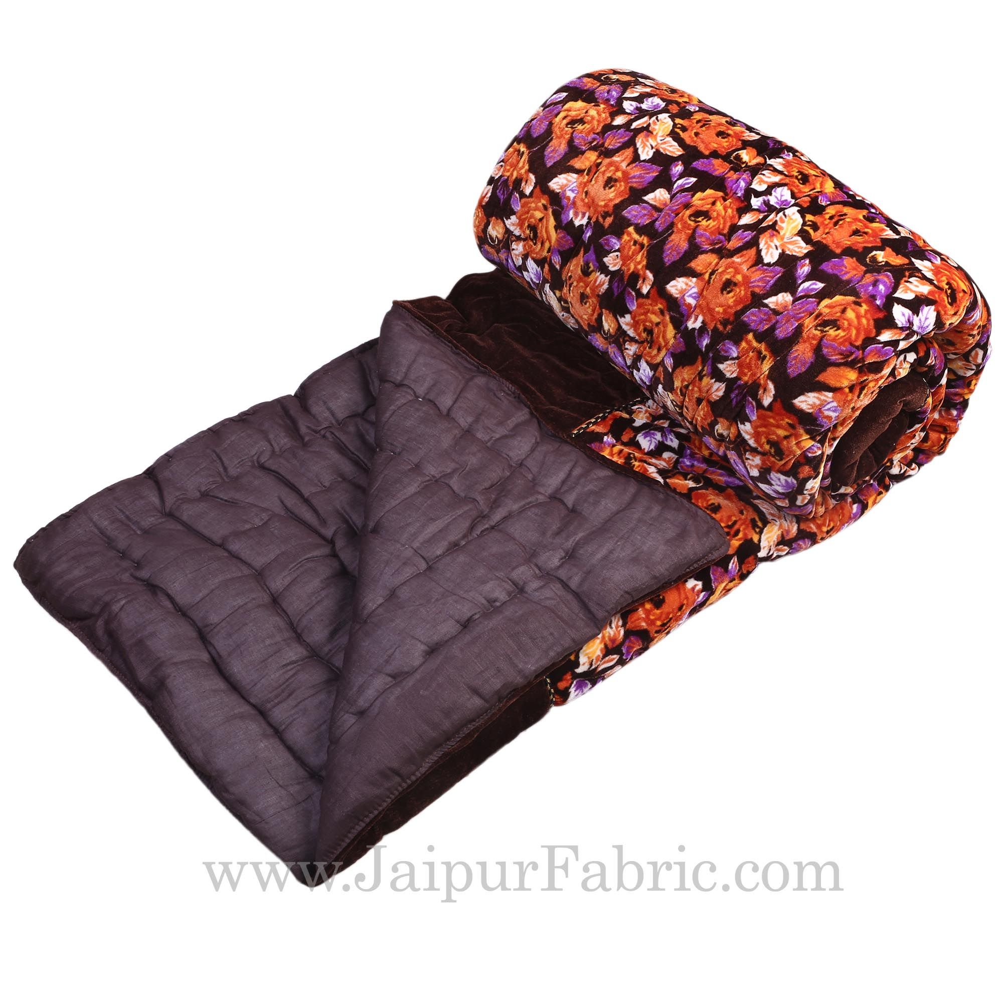 Dark Brown Floral Print Single Bed Quilt