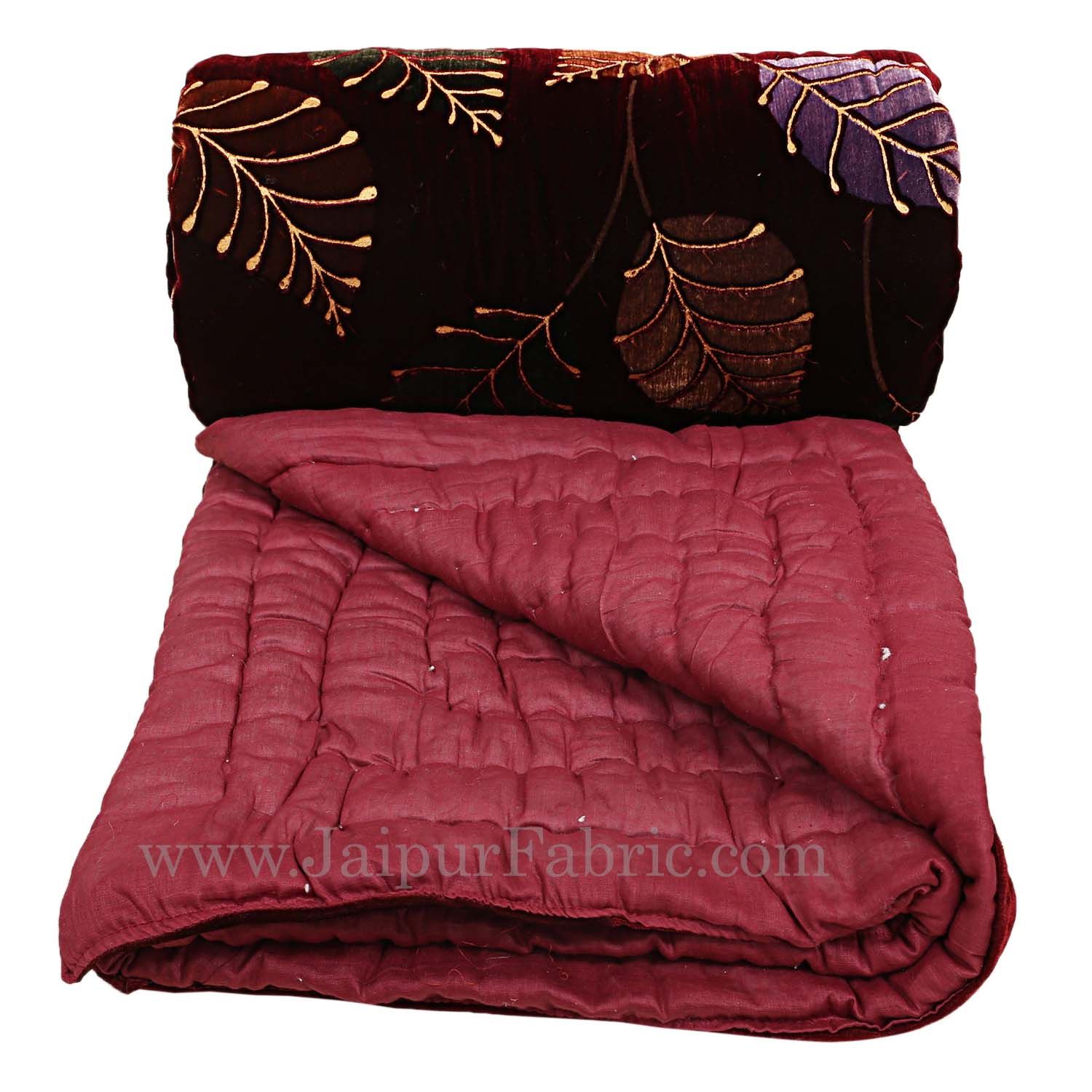 Red Floral  With  Leaf Print  Velvet(Shaneel) Double  Bed Quilt