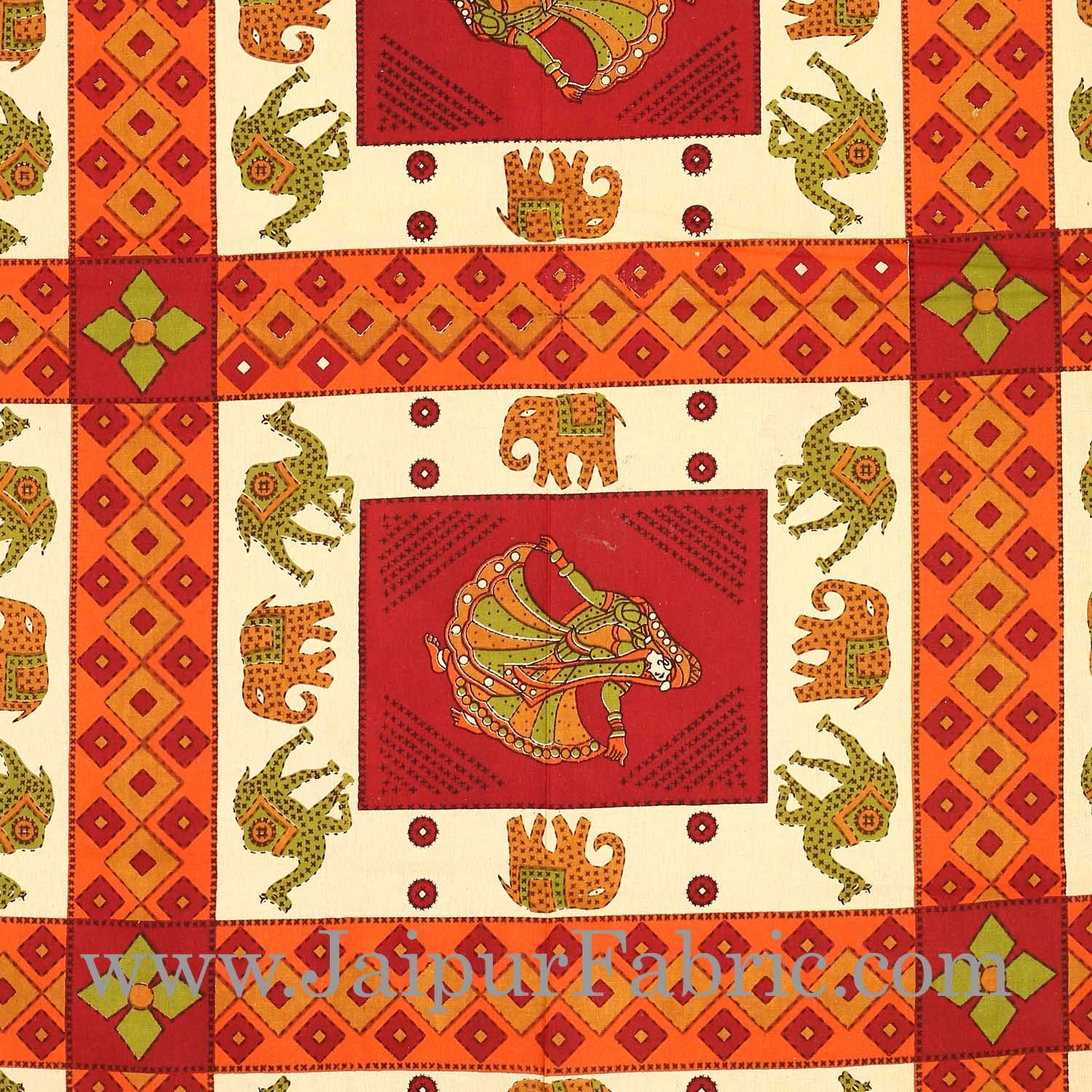 Maroon Border  Cream Base Camel And Elephant With Dancing Doll Diwan Set