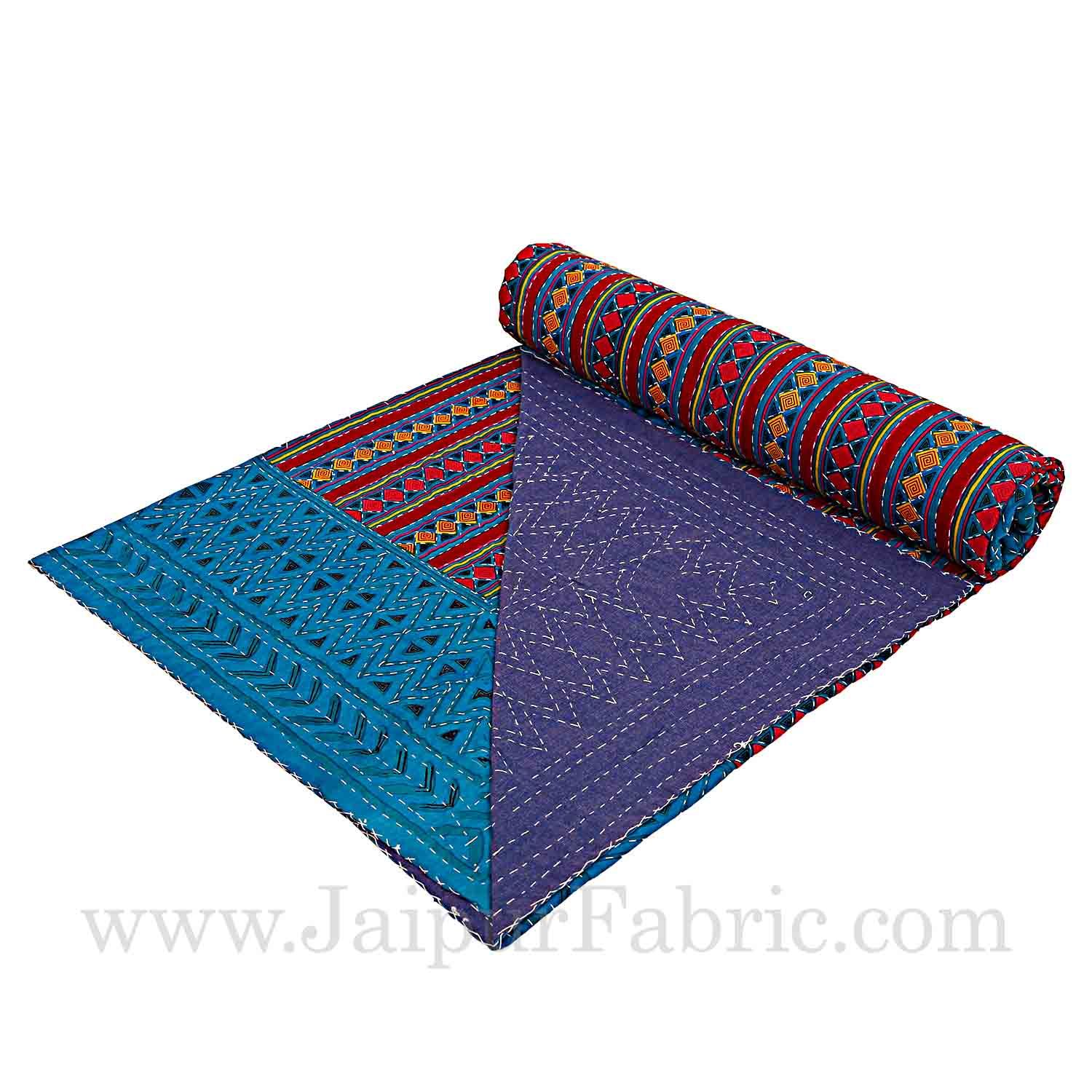 Blue  Border Maroon And blue Zig Zag Pattern With Thread Handwork(Kantha) Gudri ( Bed Cover)
