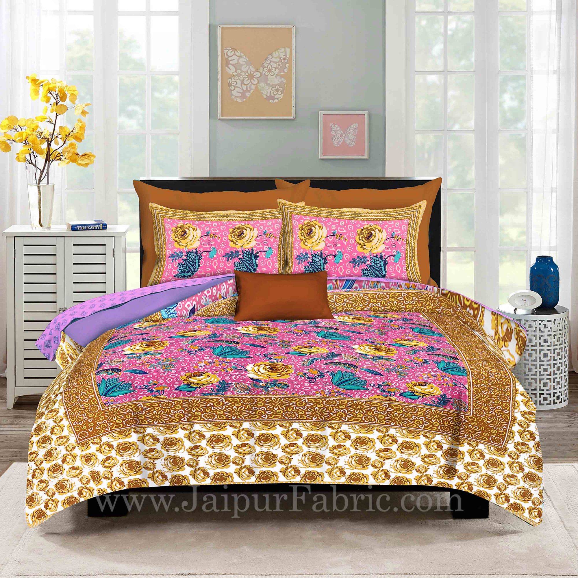 Pink Base Rose Floral Design Screen Print Multi Base King Size Double Bedsheet With 2 Pillow Cover