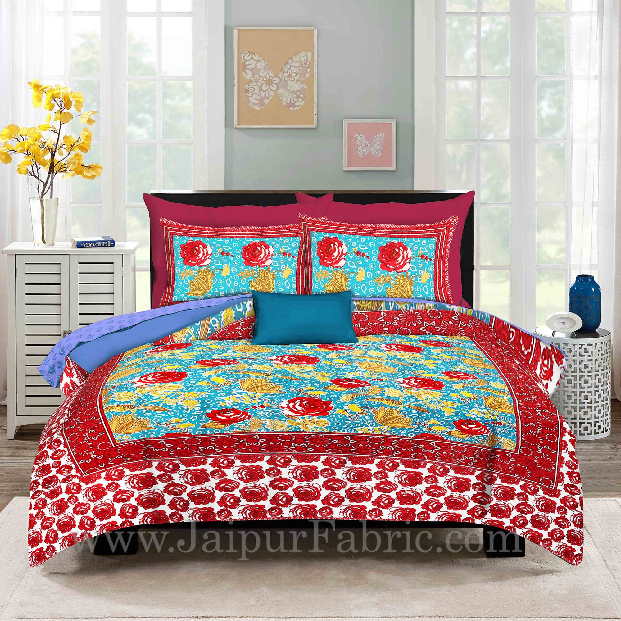 Sky Blue Base Rose Floral Design Screen Print Multi Base King Size Double Bedsheet With 2 Pillow Cover