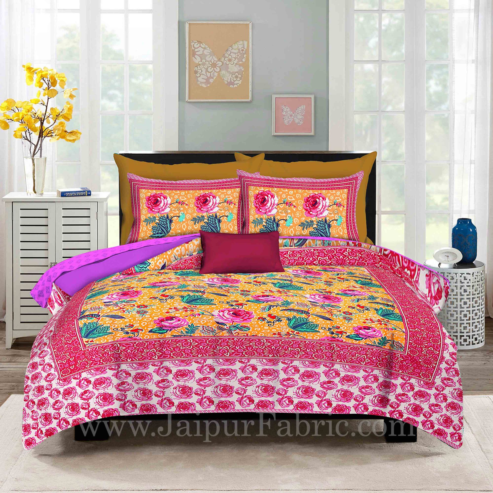 Yellow Base Rose Floral Design Screen Print Multi Base King Size Double Bedsheet With 2 Pillow Cover