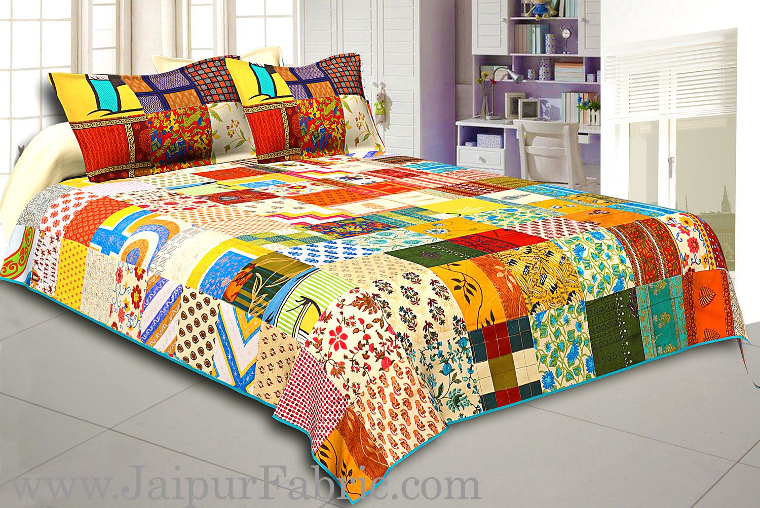 Mix Tukdi Super Fine Cotton Golden Print Double Bedsheet