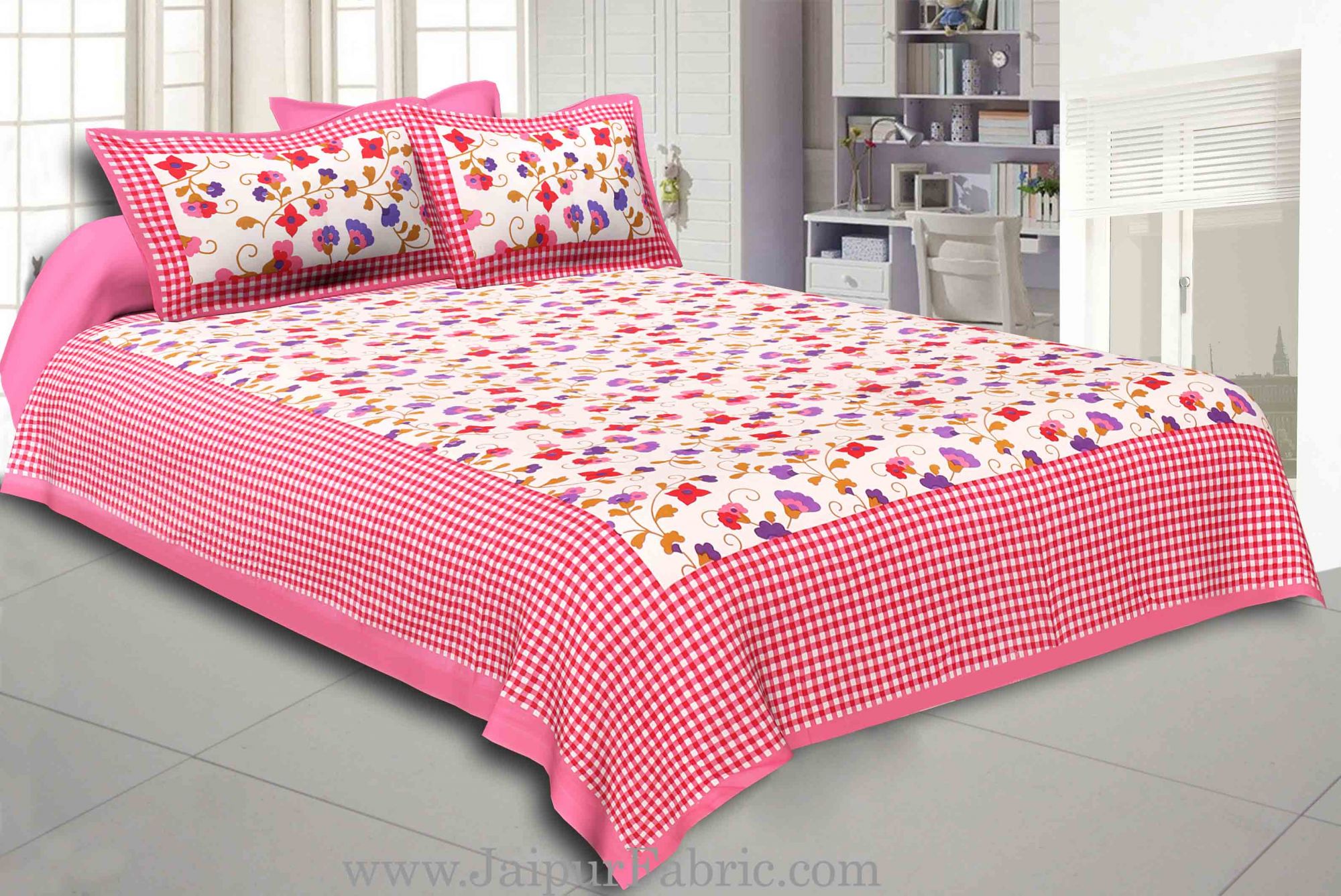 Pink Border jaipuri design floral print Cotton Double Bedsheet with Pillow Cover