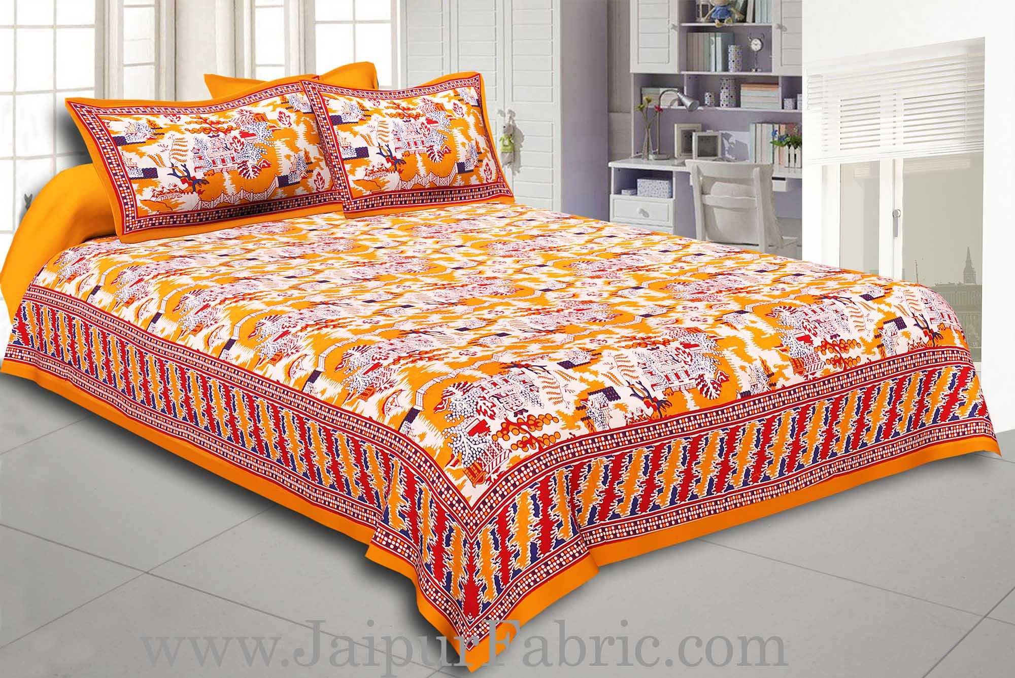 Yellow Border Good Looking Heritage Design Pure Cotton Double Bedsheet With Pillow Cover