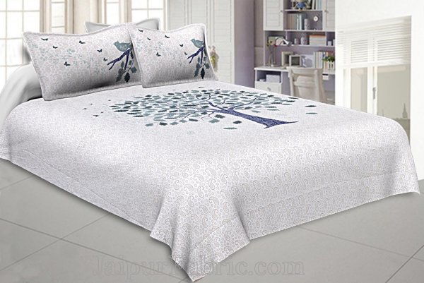 Twill Cotton Double Bedsheet Blue Spring Tree