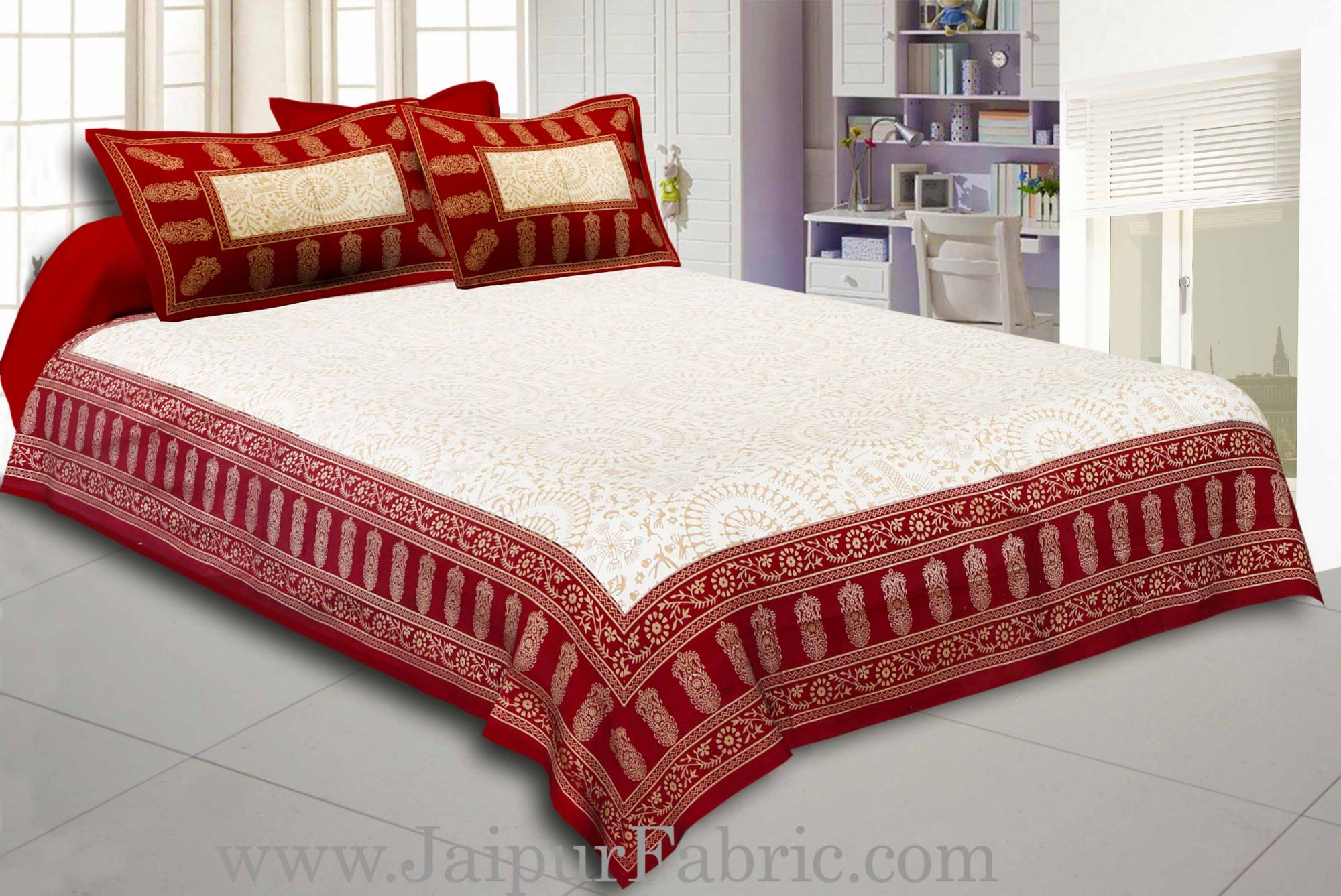 Maroon Border Cream Base With Golden Print Figure Print Super Fine Cotton Double Bed Sheet