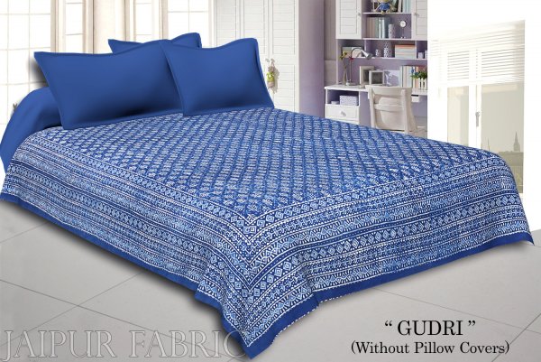 Blue And White Hand Block Dabu Print With Thread Hand Work(Kantha) With Lining Cotton Gudri (Bed Cover)