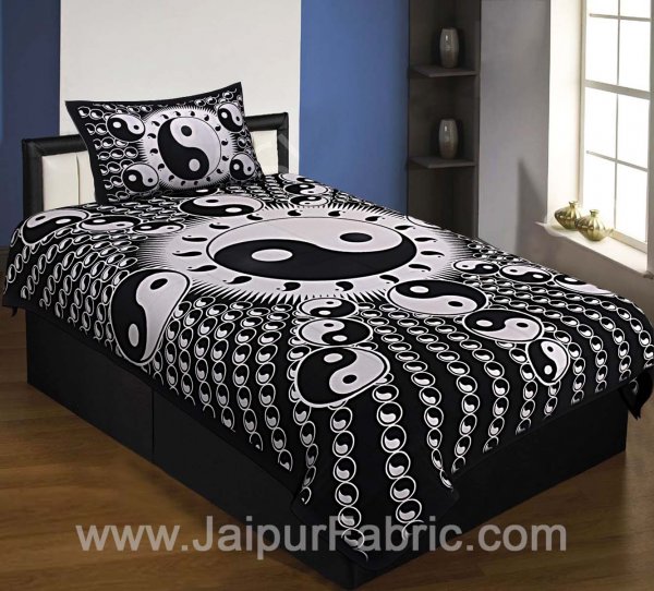 Black Border Black Base Doordarshan Print Fine Cotton Single Bedsheet With Pillow Cover