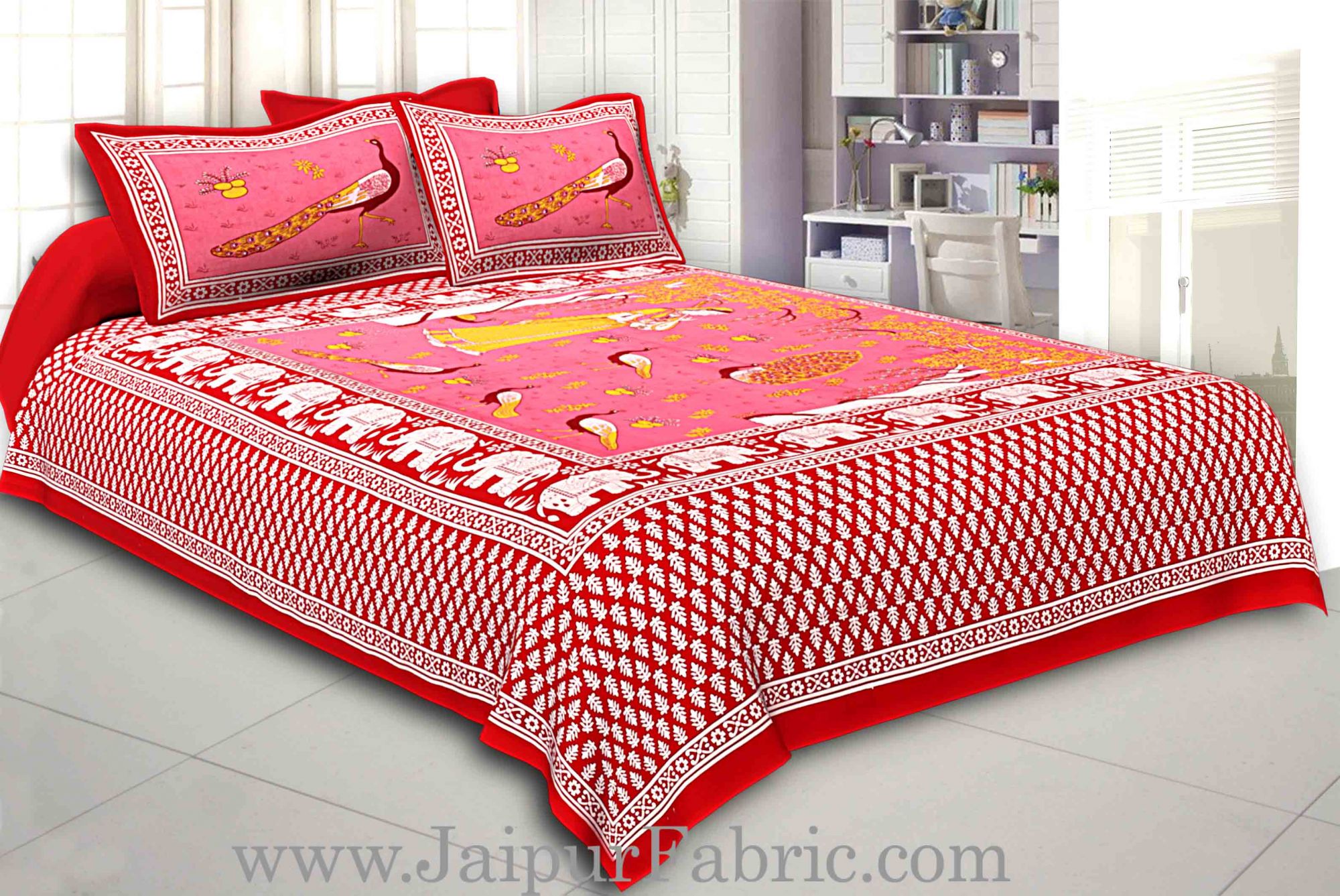 Maroon Border Pink Base Meera With Peacocks Cotton Double Bedsheet