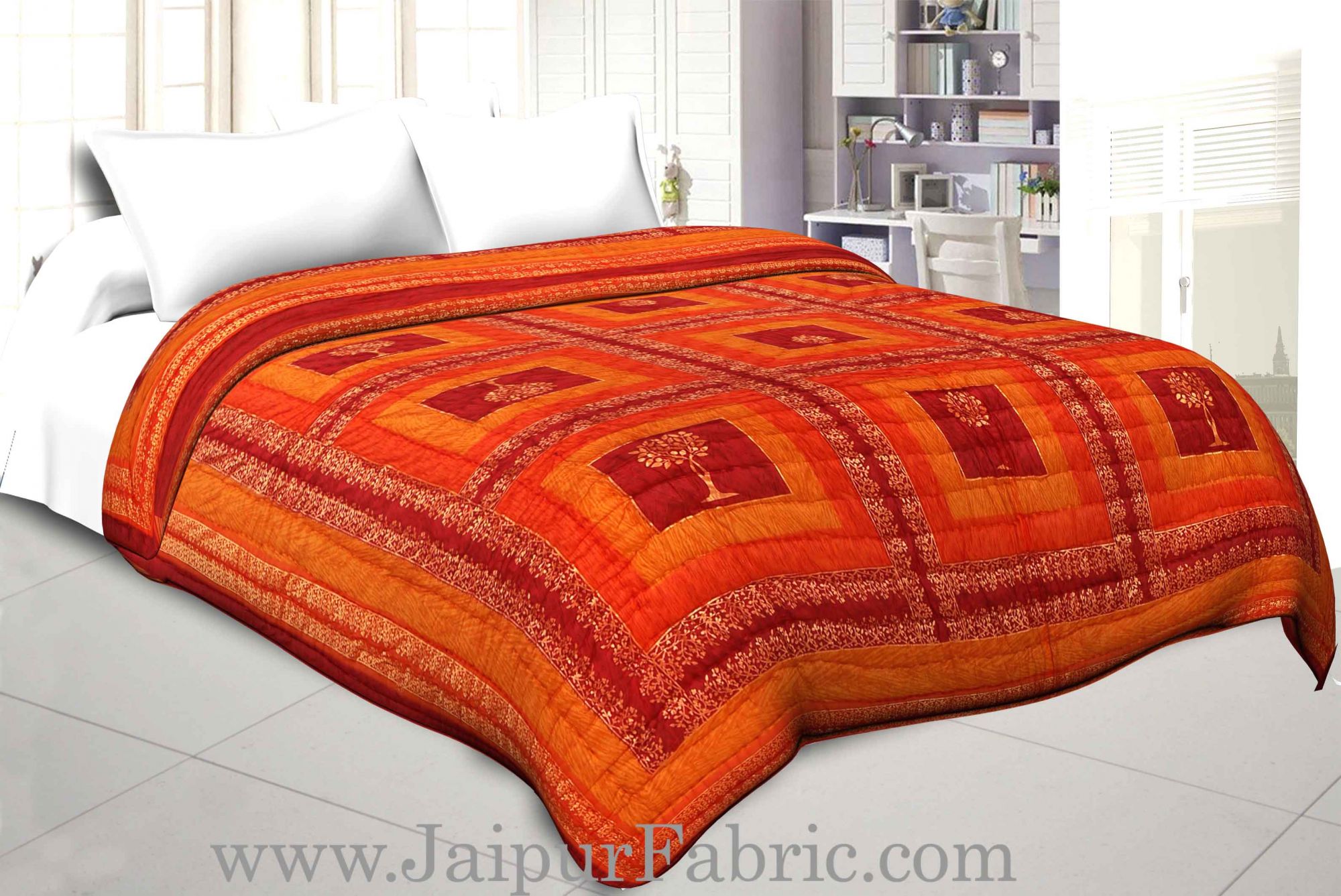 Maroon And Yellow Golden Jaipuri  Tree  print Double Bed Quilt