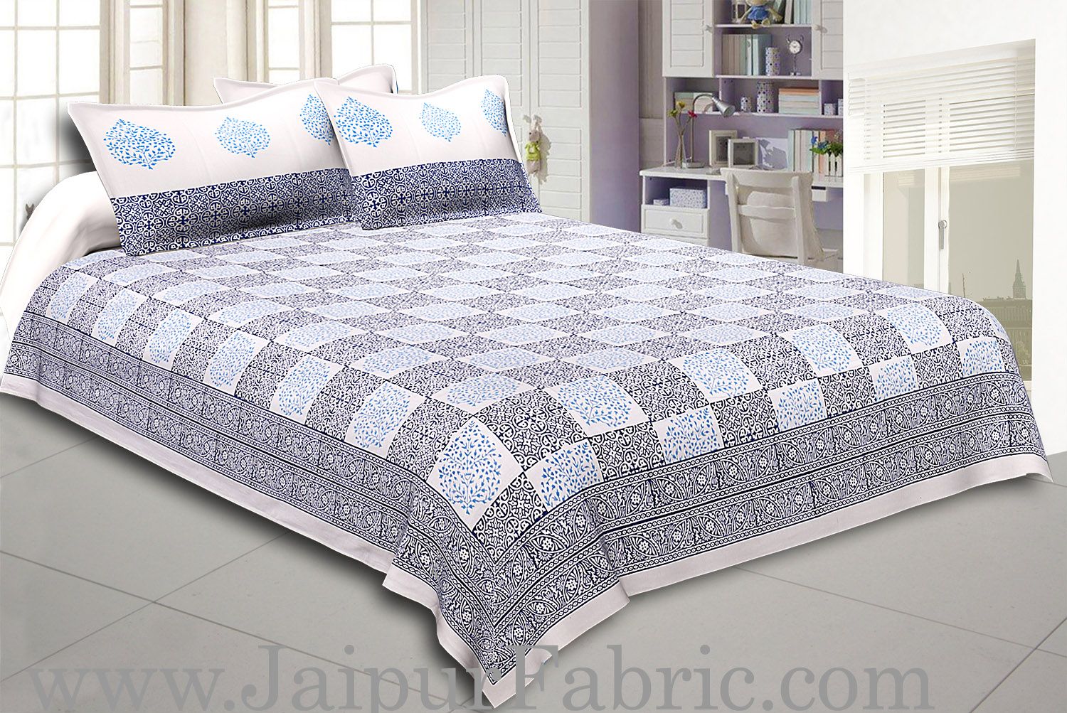 White Border With White Base Hand Block  Check Print Super Fine Cotton Double Bed Sheet