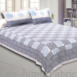 White Border With White Base Hand Block  Check Print Super Fine Cotton Double Bed Sheet