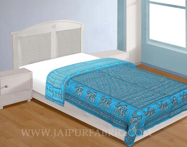 Jaipuri Razai Firozi Color Camel Golden Print Single Bed Quilt