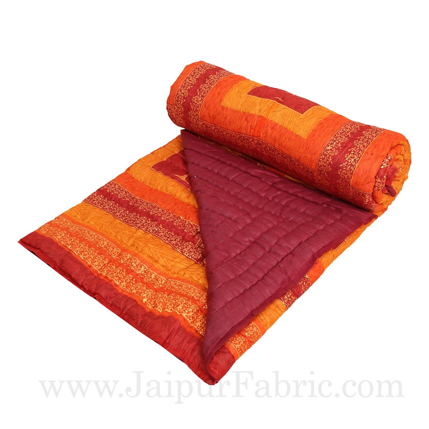 Maroon And Yellow Golden Jaipuri  Tree  print Double Bed Quilt