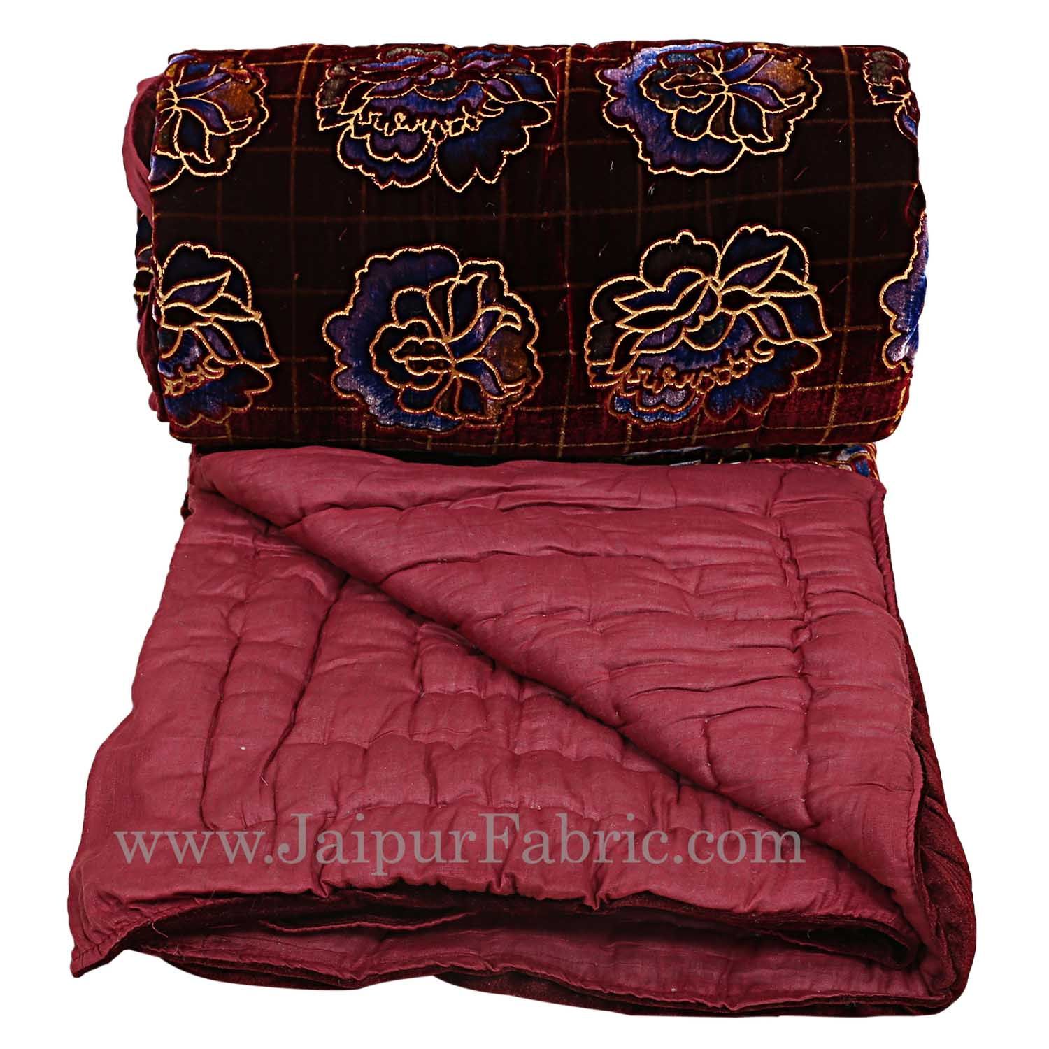 Jaipuri Printed Velvet Quilt/Rajai Hand Crafted Red Floral Print