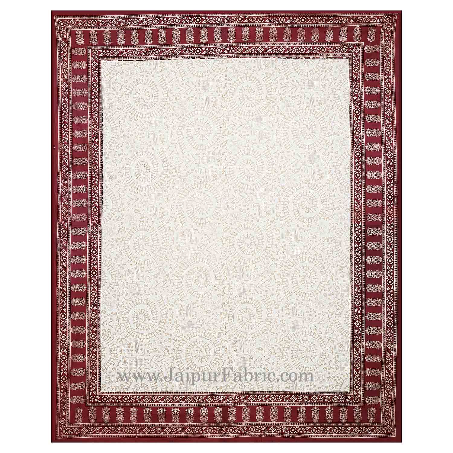 Maroon Border Cream Base With Golden Print Figure Print Super Fine Cotton Double Bed Sheet