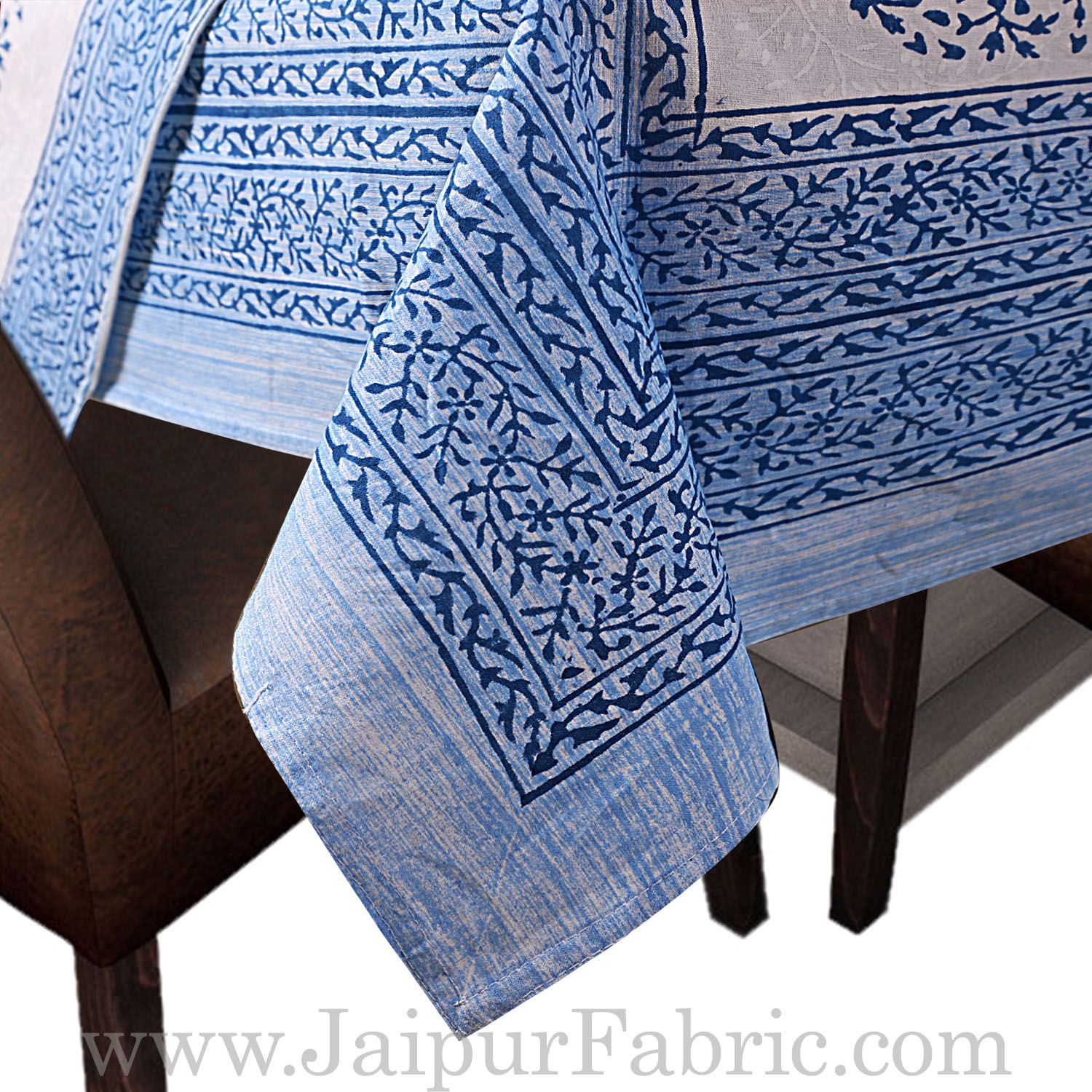 Light Blue Border White base With Hand Block Print Super Fine Cotton Table Cover