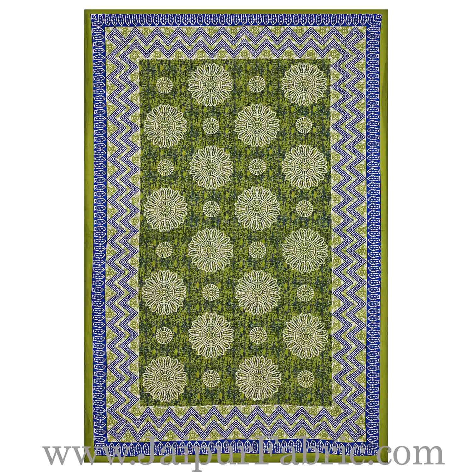 Single Bedsheet Pure Cotton Green Border Flower Print Zig Zag Pattern