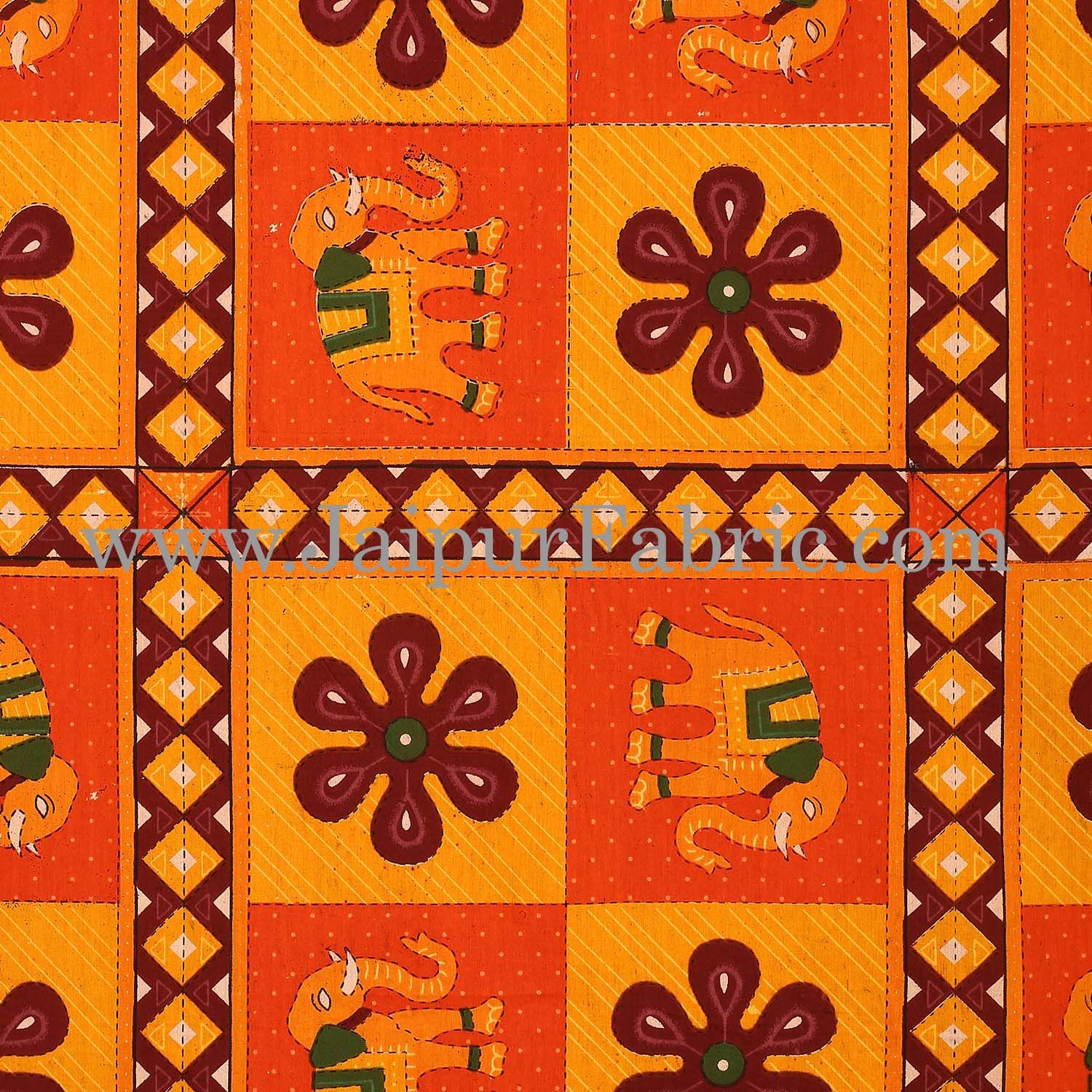 Orange Border Green Lining  Leaf And Floral Print In Square Pattern Cotton Double Bed Sheet