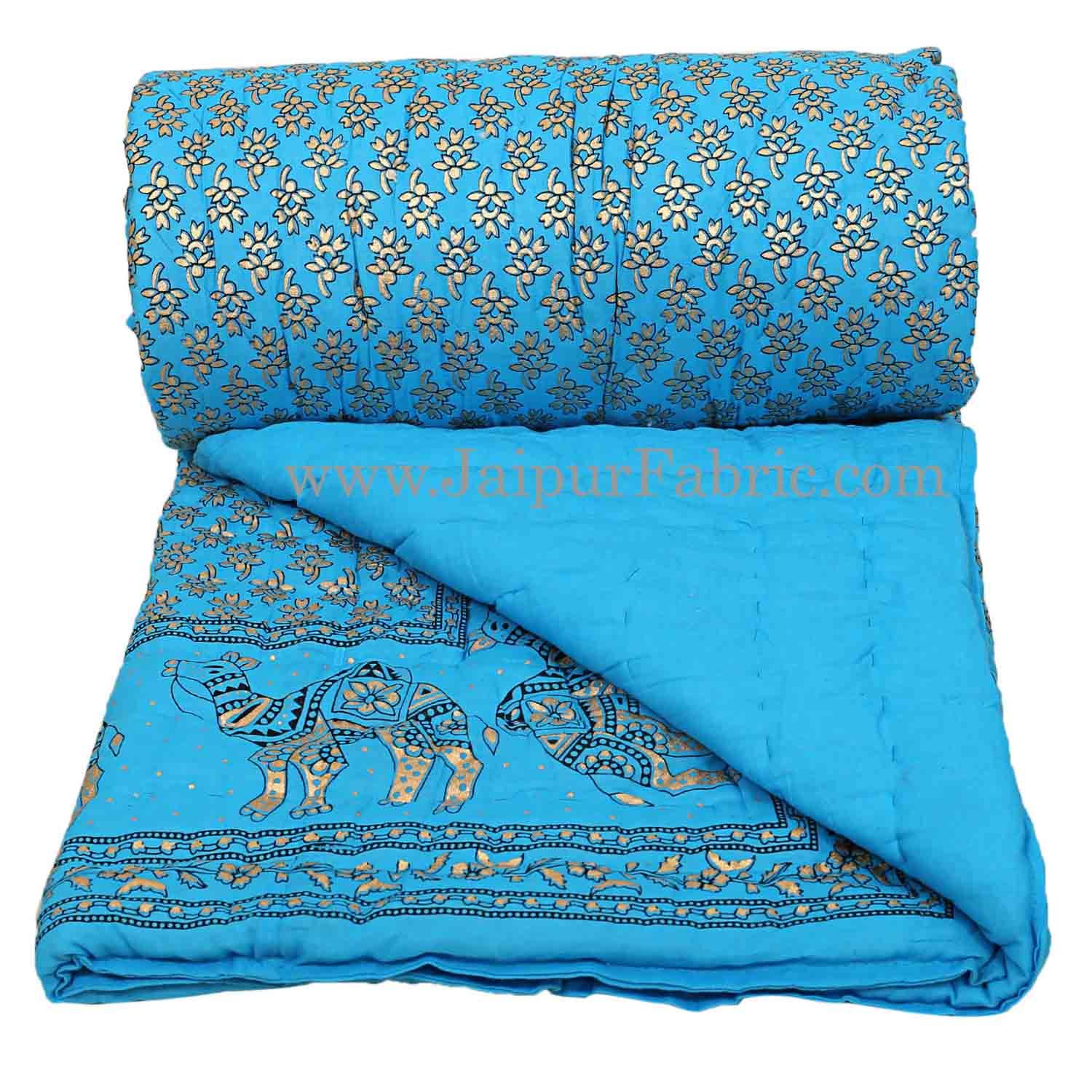 Jaipuri Razai Firozi Color Camel Golden Print Single Bed Quilt