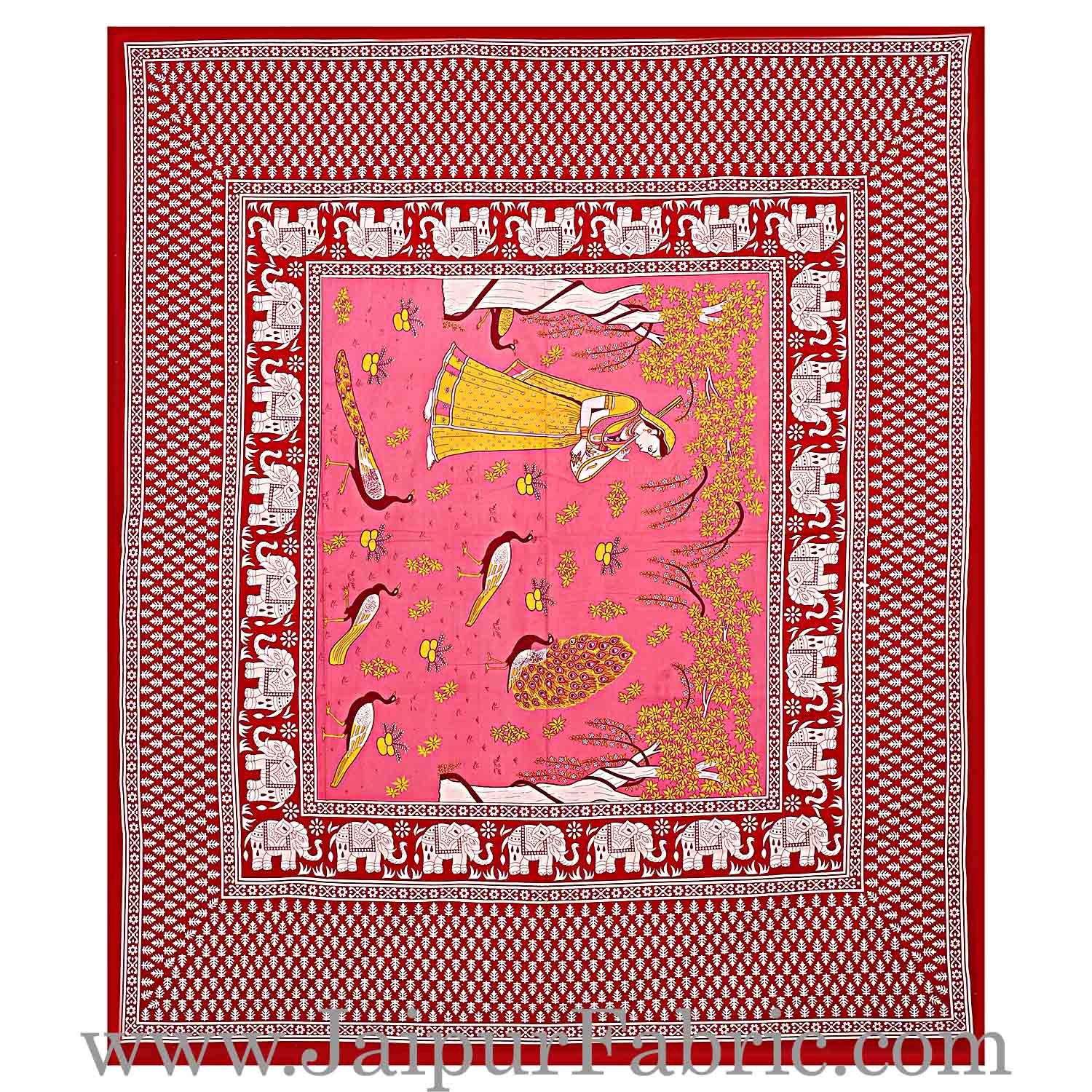 Maroon Border Pink Base Meera With Peacocks Cotton Double Bedsheet