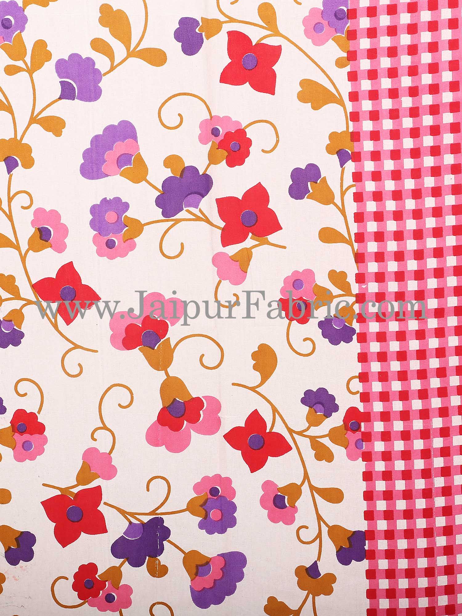 Pink Border jaipuri design floral print Cotton Double Bedsheet with Pillow Cover