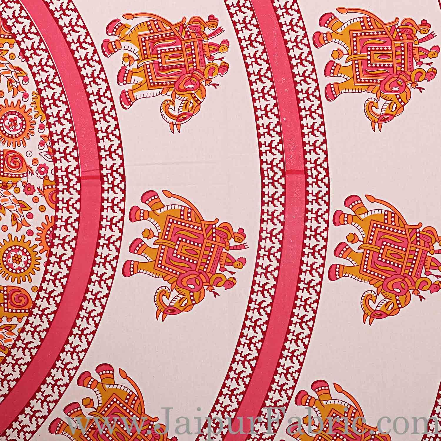 King Size Bedsheet Pink Border Circle Elephant Pattern Screen Print With Two Pillow Cover
