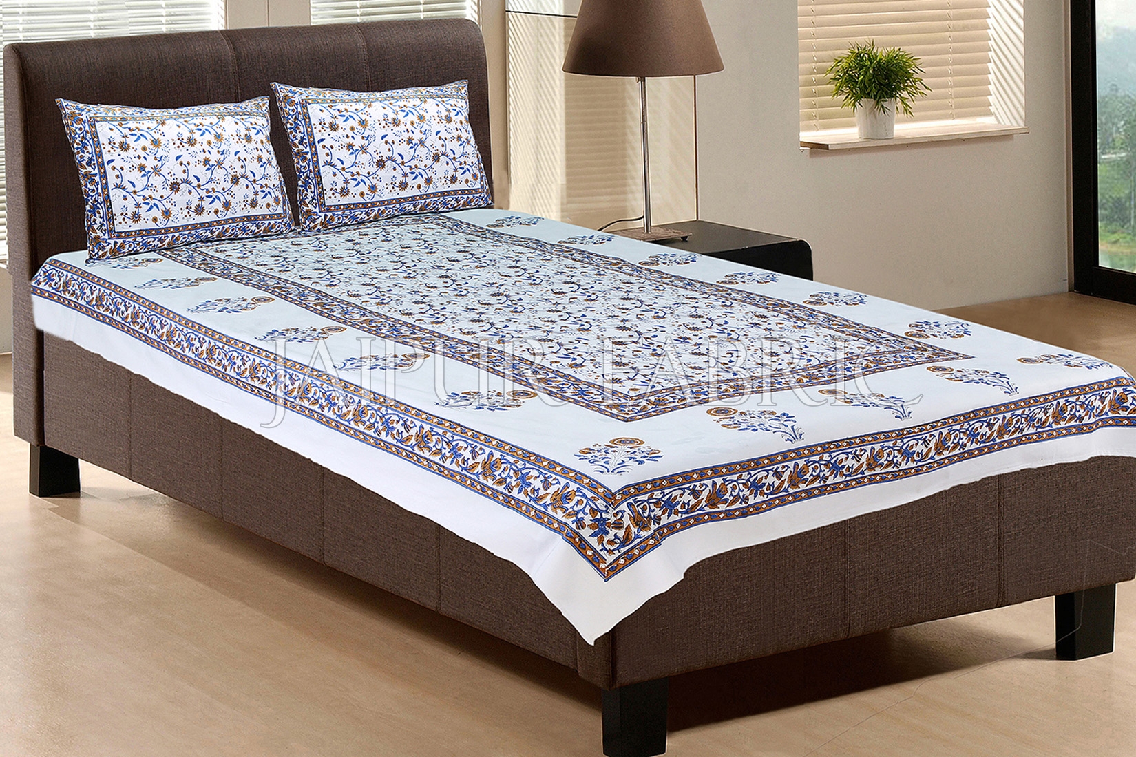 White Base With Blue color Floral Block print Single Cotton bed Sheet