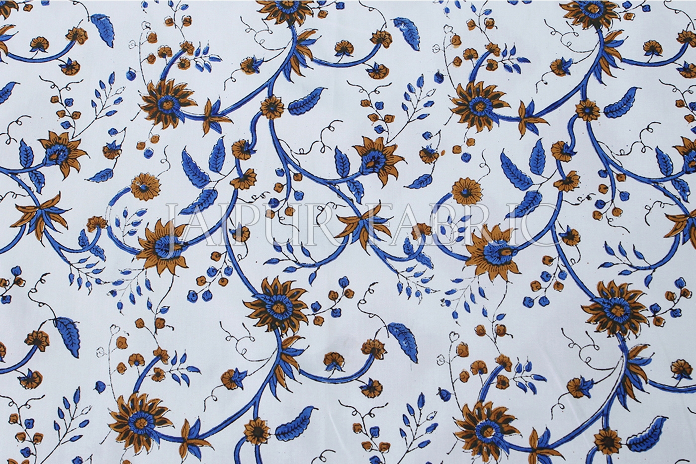 White Base With Blue color Floral Block print Single Cotton bed Sheet