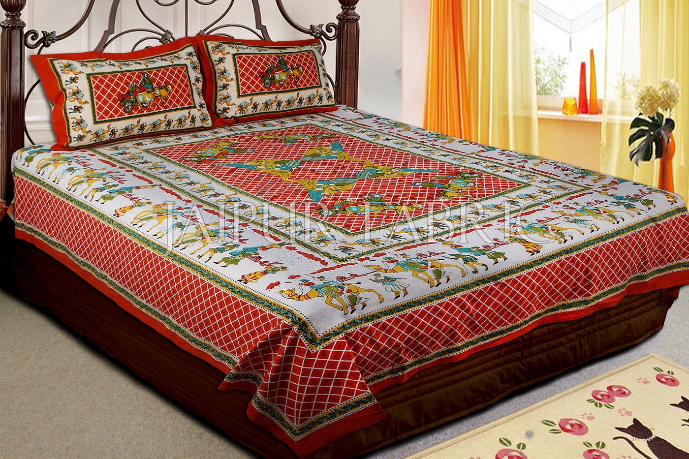 Red Base Multi Color Cattle and cart Print Double Bedsheet with pillow Covers
